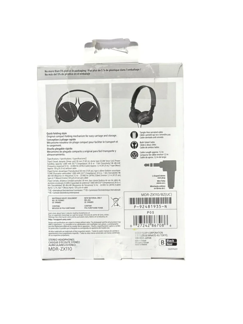 Sony MDR-ZX110 Wired Stereo Headphones With 3.5mm Jack Black Foldable Design New